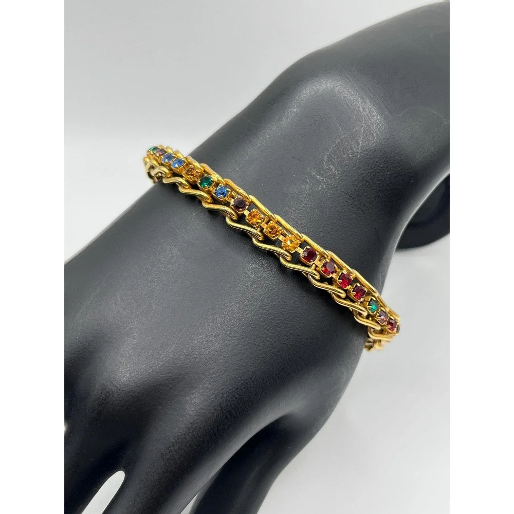 Vintage Rainbow Crystal Rhinestone Multicolor Gold Tone Chain Link Bracelet 6.5
